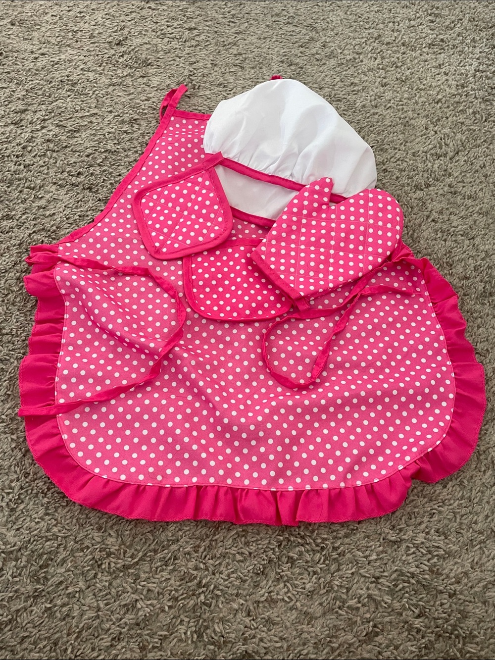 Kids Pink Polka Dot Baking Apron Set with Chef Hat